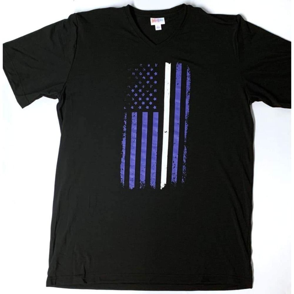 LuLaRoe Devin Unisex XL Black V-Neck T-Shirt Blue White American Flag Graphic